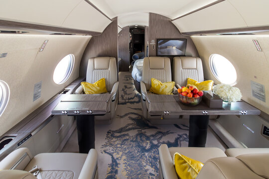 Gulfstream G700 business jet interior of Qatar Executive with a modern luxury cabin and executive seating. (2025)
