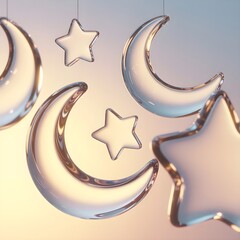 Modern Ramadan Aesthetic: Translucent 3D Glass Moon with Glowing Galactic Stars.
