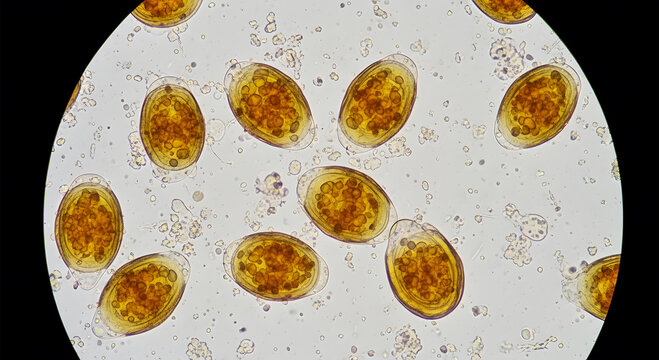 Microscopic view of oval parasitic worm eggs with granular contents image