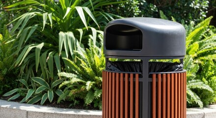 Outdoor black and brown trash receptacle in garden
