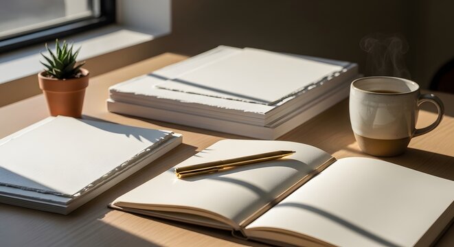A sunlit wooden desk holds a potted succulent stacked white papers with rough edges an open blank notebook with a gold pen and a steaming ceramic mug