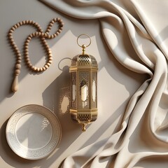 Minimalist Islamic Still Life: Spiritual Essentials for a Blessed Month.