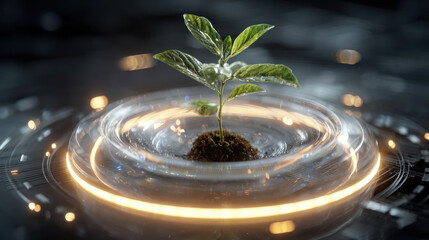 Renewable energy innovation glowing energy core around young plant, futuristic eco concept hopeful growth technology