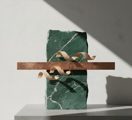 Abstract 3D Green Marble Block with Metallic Copper Geometric Frames.