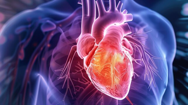 Myocardial Infarction Medical Infographic and Cardiac Anatomical Illustration, Highlighting Blocked Coronary Arteries and Damaged Heart Muscle Tissue in Human Heart