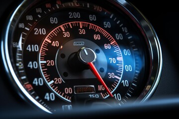 Speedometer needle indicating speed on a classic car dashboard instrument panel