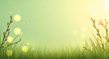 Obraz premium Ester day nature scene with green grass and yellow flowers blossoming in springtime