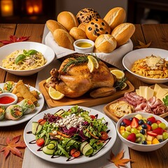 Autumn holiday feast with roasted chicken and variety foods