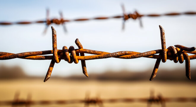 Close up of rusty barbed wire fence with blurred background and sky metal image