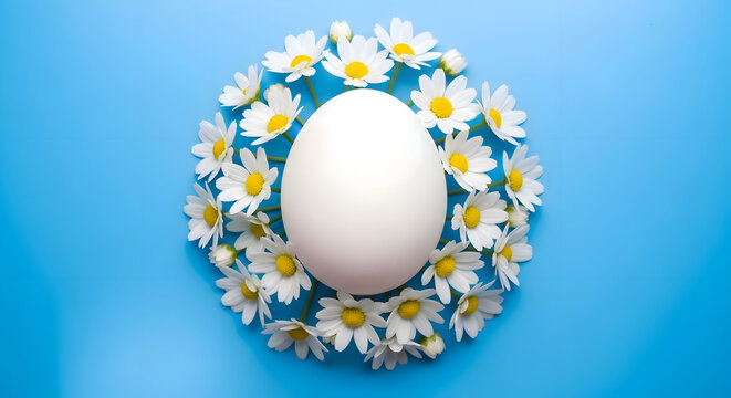 Easter egg decoration with daisies on blue background for ester day celebrations