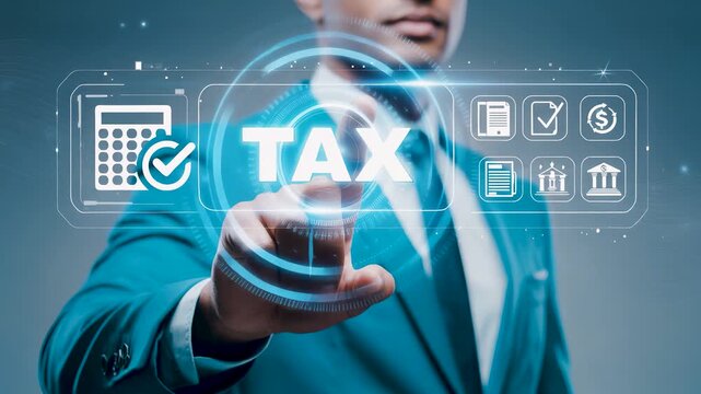 Businessman hand touching virtual tax payment interface with digital calculator icon, financial accounting administration concept and electronic government compliance filing system.