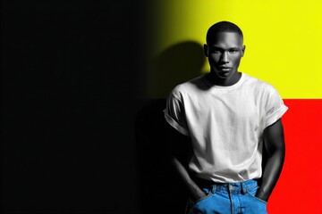 Obraz premium Young man in white t shirt and blue jeans standing against colorful yellow red and black background with hands in pockets looking confident and serious.