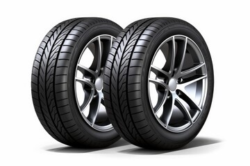 Obraz premium Car tires with alloy wheels standing on white background, representing automotive maintenance and safety
