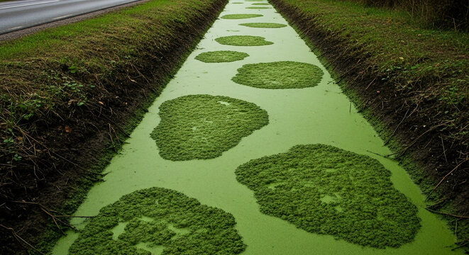 Algae bloom covers the surface of a narrow canal or ditch surrounded by green embankments