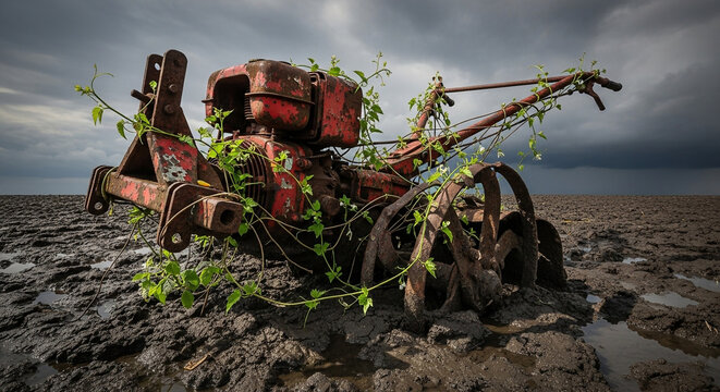 An old, rusty, abandoned walkbehind tractor overgrown with green vines sitting in dark, muddy terrain under a stormy sky
