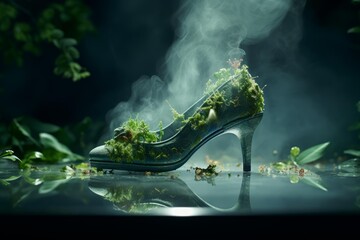 Fototapeta premium High heel shoe covered in green moss with smoke rising in a surreal nature setting
