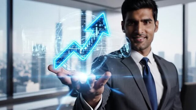 A business professional showcasing a digital growth arrow
