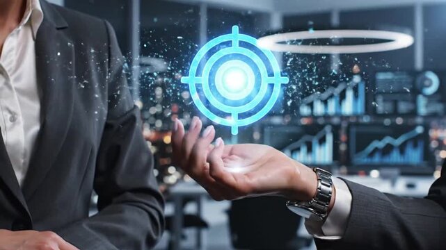 A person holding a holographic target in a modern office, representing strategy and achievement