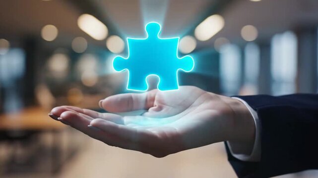 A person's hand holding a glowing blue puzzle piece, symbolizing connection and solution