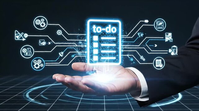 A digital to-do list hovering over a person's hand, representing the concept of technology and task management