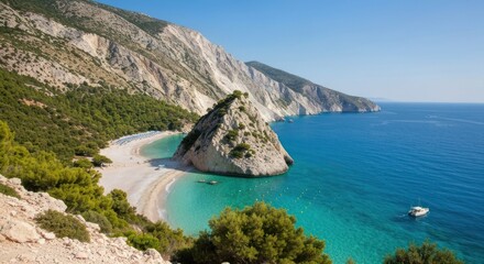 Picturesque beach nestled beneath a rocky outcrop, bathed in sunlight