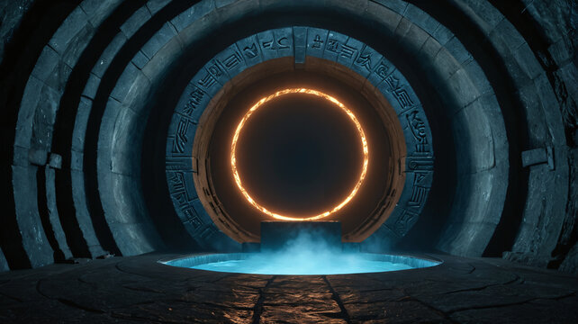 Magischer Steinkreis mit gl&uuml;hendem Ring und blauem Wasserbecken