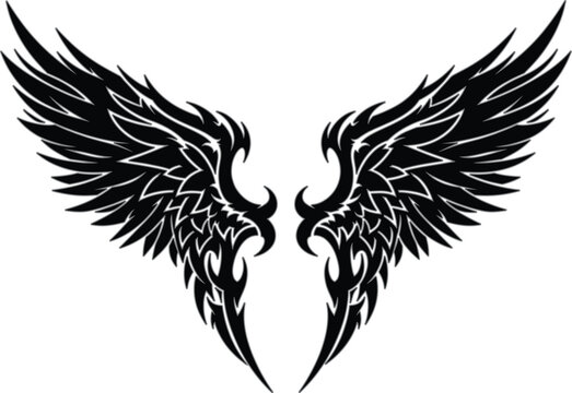 Tribal Angel Wings Vector Illustration with Symmetrical Sharp Feather Design in Black Flame Style for Tattoo Logo Emblem and Fantasy Graphic Art