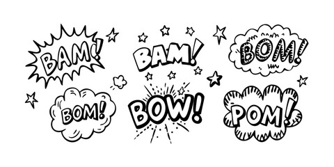 Various cartoon speech bubbles with onomatopoeic words for sound effects Vector © Jannati
