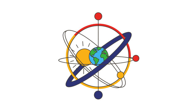 Earth, Sun, and Orbiting Structure Icon. Global Science, Physics, and Atomic Energy System Vector Illustration.