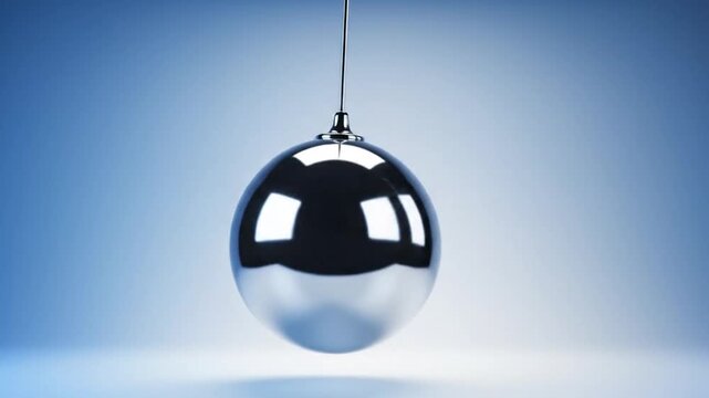 A large, reflective silver Christmas ornament hangs from a thin string against a gradient blue and white background with a shallow depth of field.