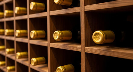 Elegant wine bottles stored in modern wooden cellar shelves
