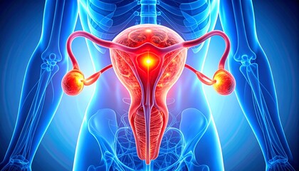 Digital anatomical illustration of female reproductive system, glowing red uterus, fallopian tubes, and ovaries with blue vascular network emphasizing gynecological anatomy and medical visualization.