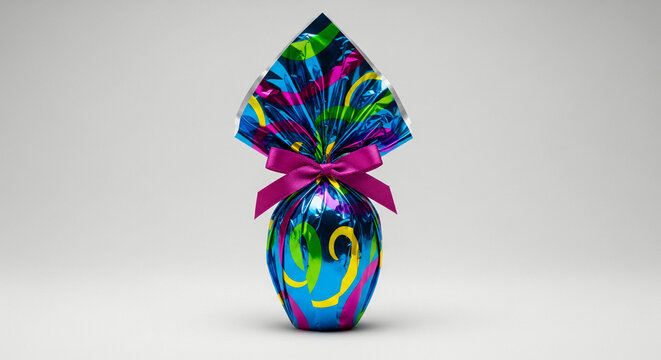 Festive blue and pink foil-wrapped Easter egg with a ribbon, ready for a holiday celebration