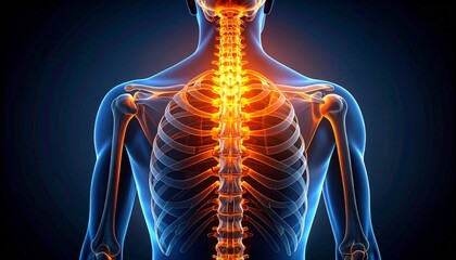 Digital anatomical rendering of human skeleton from back view, translucent rib cage and shoulders, with spine highlighted in bright orange-yellow tones emphasizing vertebral structure and alignment.