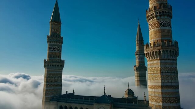 Majestic mosque minarets rising above a sea of clouds under a clear blue sky revealing stunning islamic architecture and cultural significance