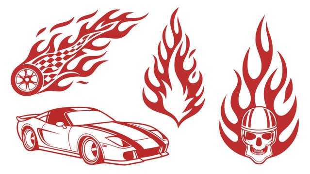 Red hot rod racing graphic elements with flaming wheel skull and sports car