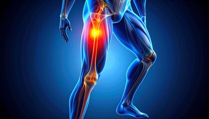 Digital anatomical rendering of human muscular system, translucent blue-toned lower torso and upper legs, with glowing red-yellow region highlighting thigh pain, inflammation, or injury.