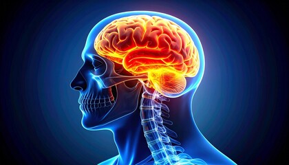 Digital rendering of human skull and brain, translucent skeletal structure with glowing red-yellow region highlighting neurological activity, inflammation, or disorder for medical and educational visu