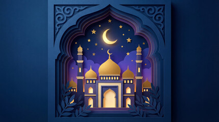 Obraz premium Ramadan Mosque Paper Cutout Illustration with Crescent Moon and Stars, Islamic Cultural Celebration Design, Festive Night Sky Background