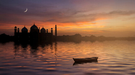 Fototapeta premium Silhouette of Ancient Mosque with Crescent Moon and Boat on Water at Sunset, Mystical Evening Landscape Photography for Travel and Culture