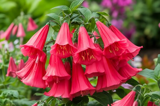 Cluster of bright red lapageria flowers hangs elegantly amidst lush green foliage in a garden
