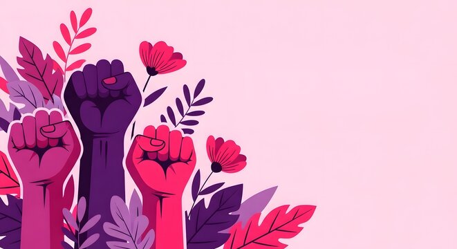 Empowering womens day illustration with fists and flowers symbolizing equality and strength