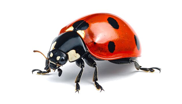 A detailed macro photograph of a vibrant red ladybug with black spots, isolated on a clean white background.