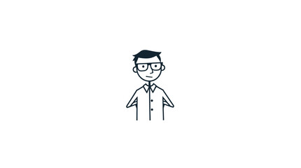 Simple line art cartoon man with glasses standing calmly on an isolated white background.
