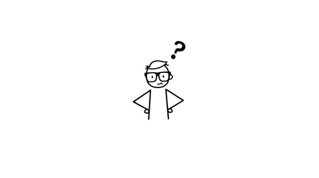 Thoughtful simple cartoon man with glasses and hand on chin, expressing confusion with a question mark above his head on an isolated white background.