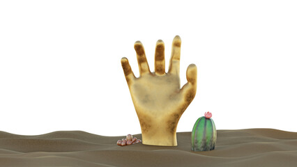 golden hand in the desert sand 3d rendering