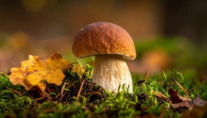 A solitary porcini mushroom emerges from mossy forest floor surrounded by autumn leaves.