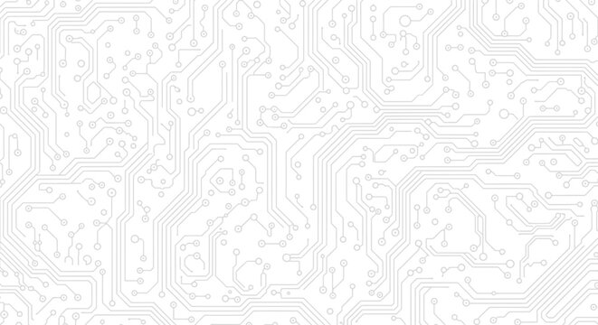 Seamless light gray circuit board pattern, digital technology background on isolated white background.