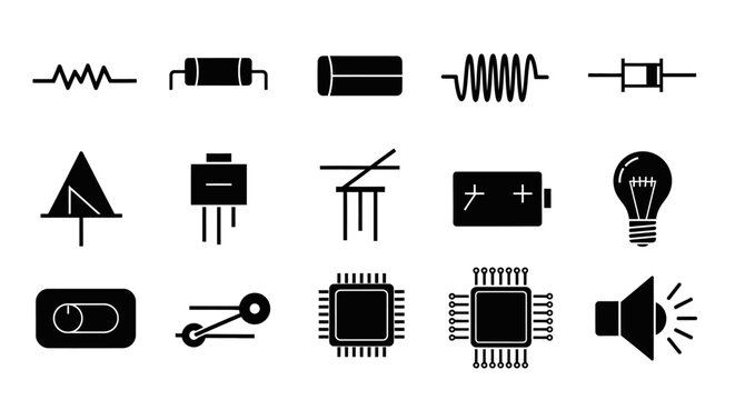 Collection of electronic components and technology icons, hardware symbols on isolated white background.