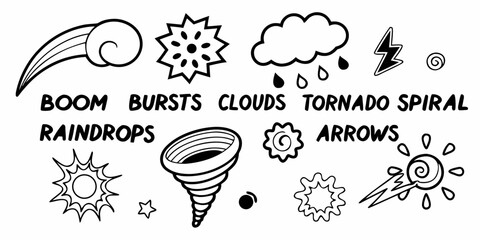 A whimsical illustration of various weather phenomena and natural elements Vector © Lisa